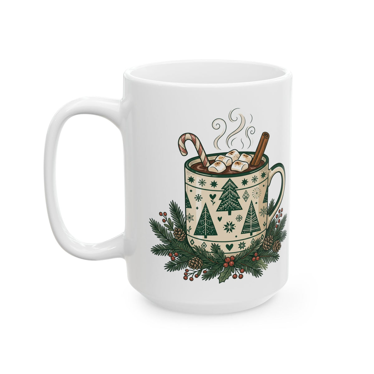 The Nordic Hygge Ceramic Mug | 15 oz Minimalist Pine Tree Holiday Mug