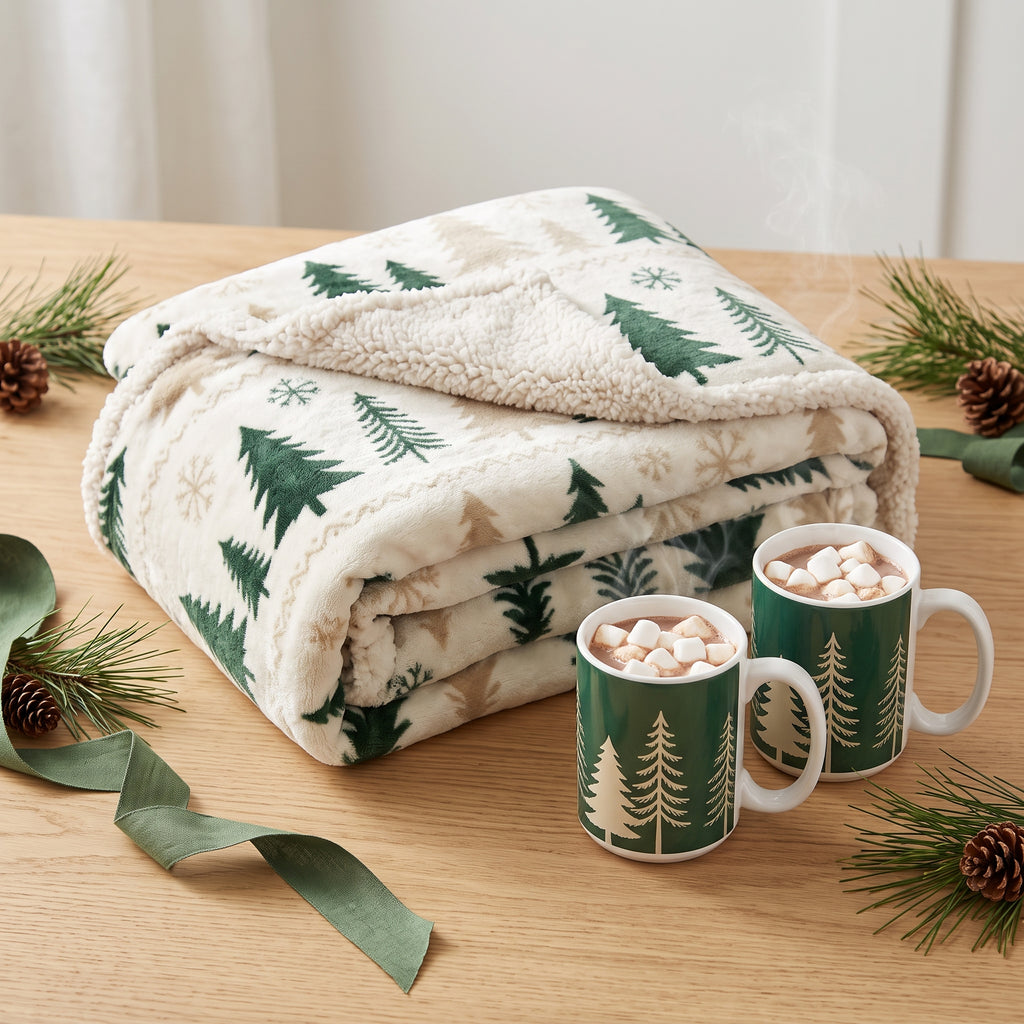 The Nordic Hygge Holiday Gift Set | Ultra-Plush Sherpa Blanket & 2 Cocoa Mugs Bundle
