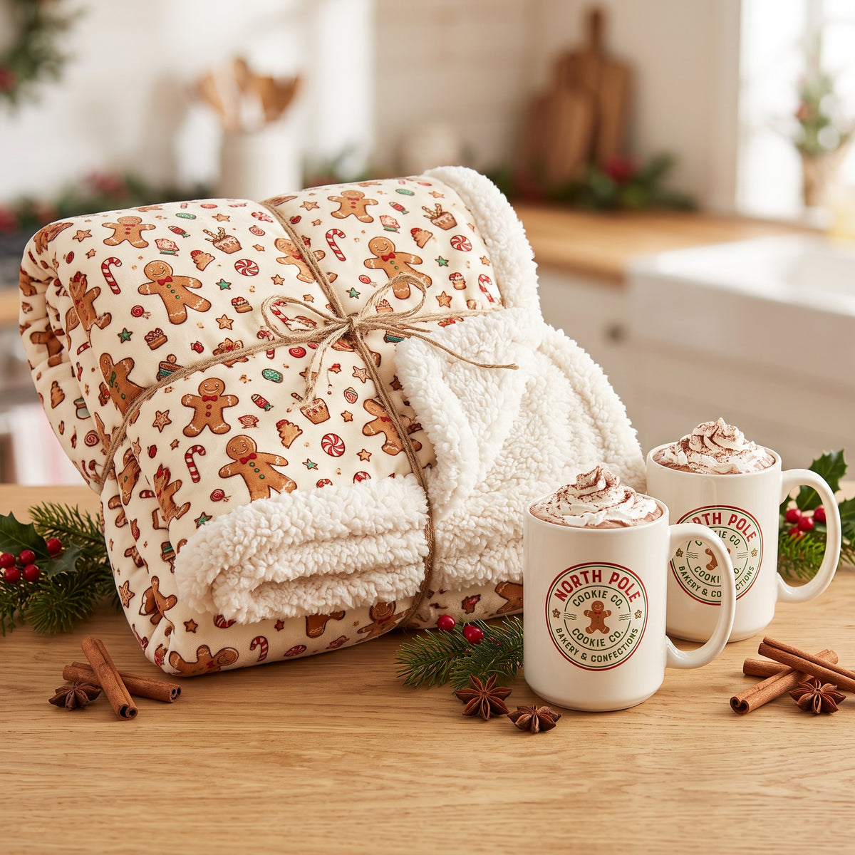 North Pole Bakery Christmas Gift Set | Gingerbread Blanket & 2 Mugs