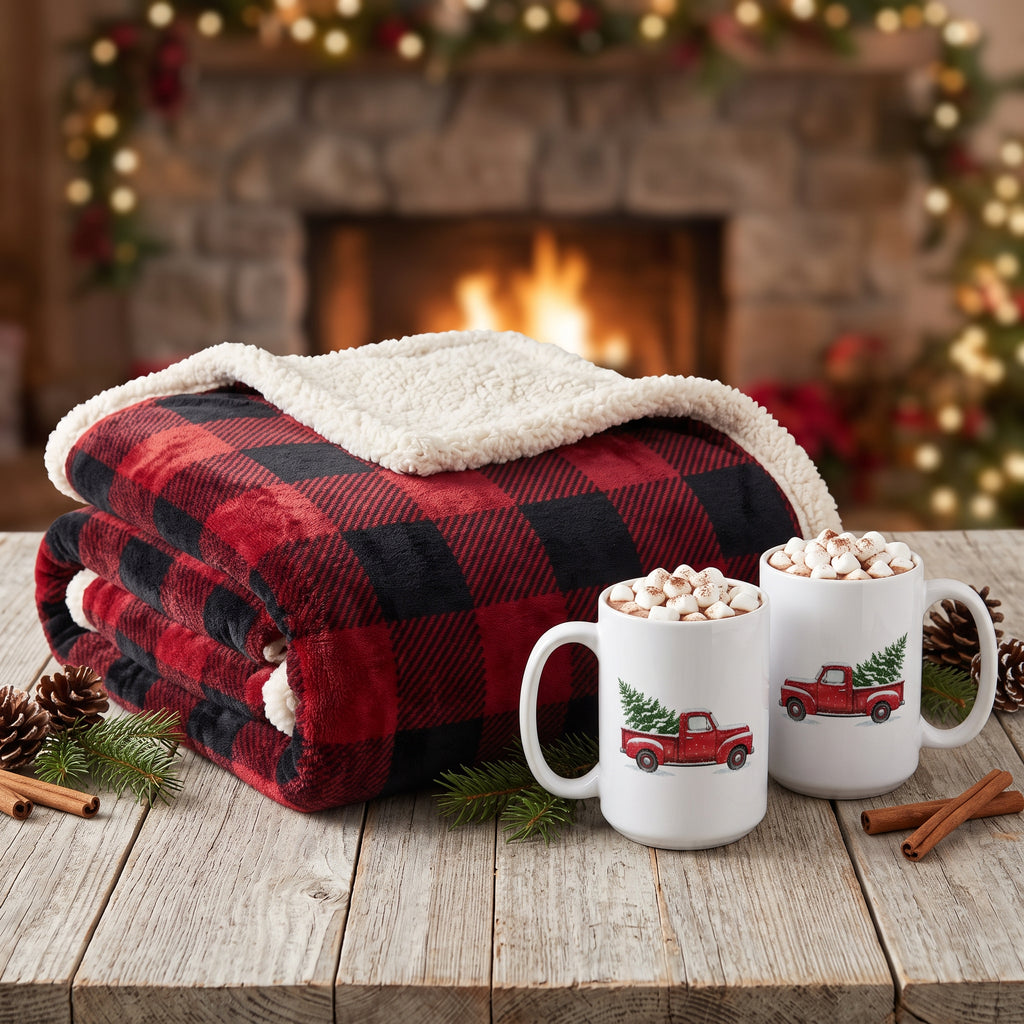 Rustic Cabin Christmas Gift Set | Buffalo Plaid Blanket & 2 Mugs
