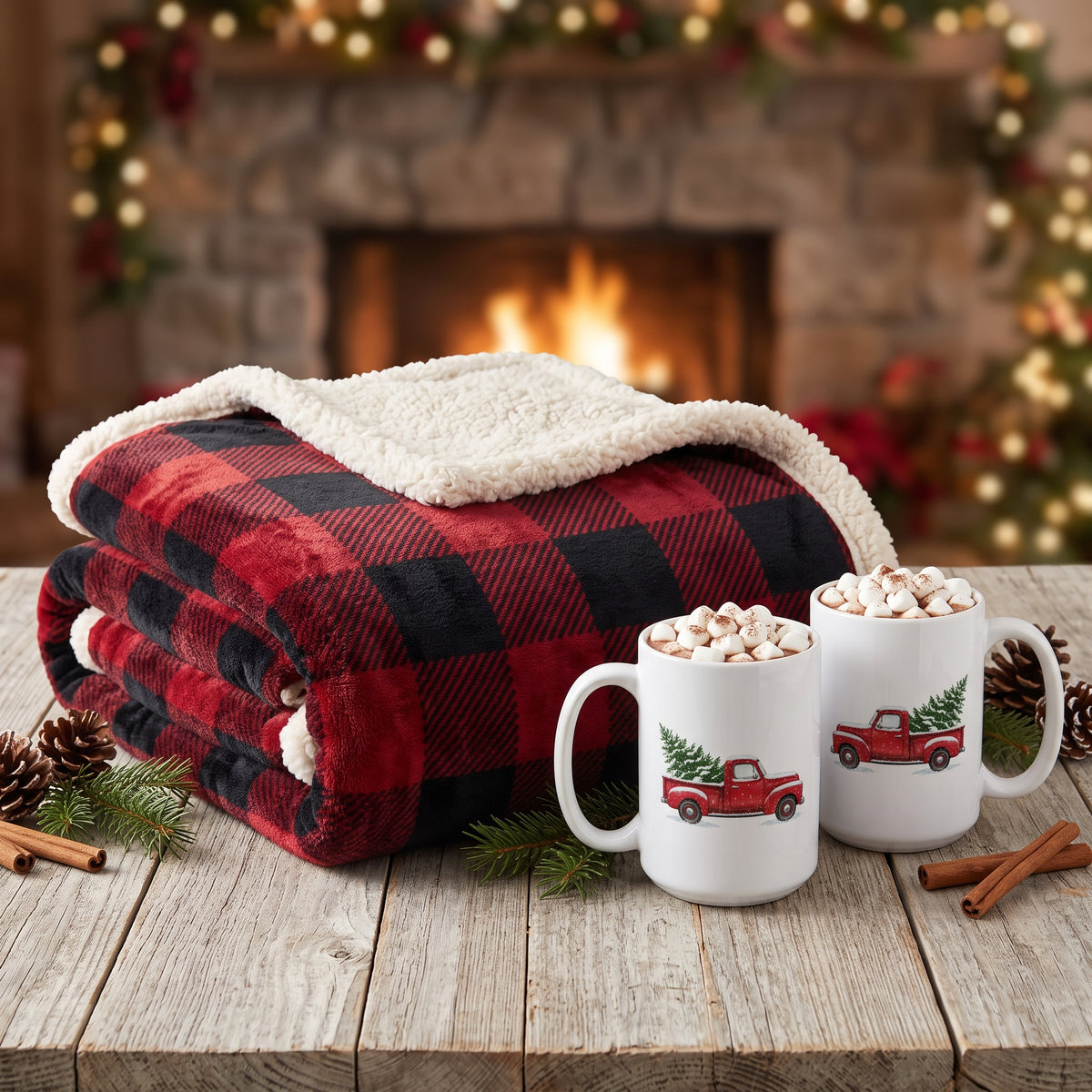 Rustic Cabin Christmas Gift Set | Buffalo Plaid Blanket & 2 Mugs